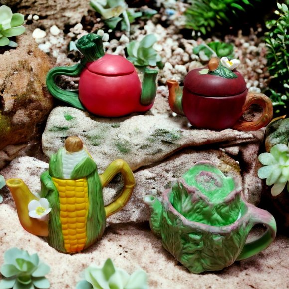 Unknown Other - Miniature Ceramic Tea Pots Fruit/Vegetable & Flower With Removable Lid 4pcs Set
